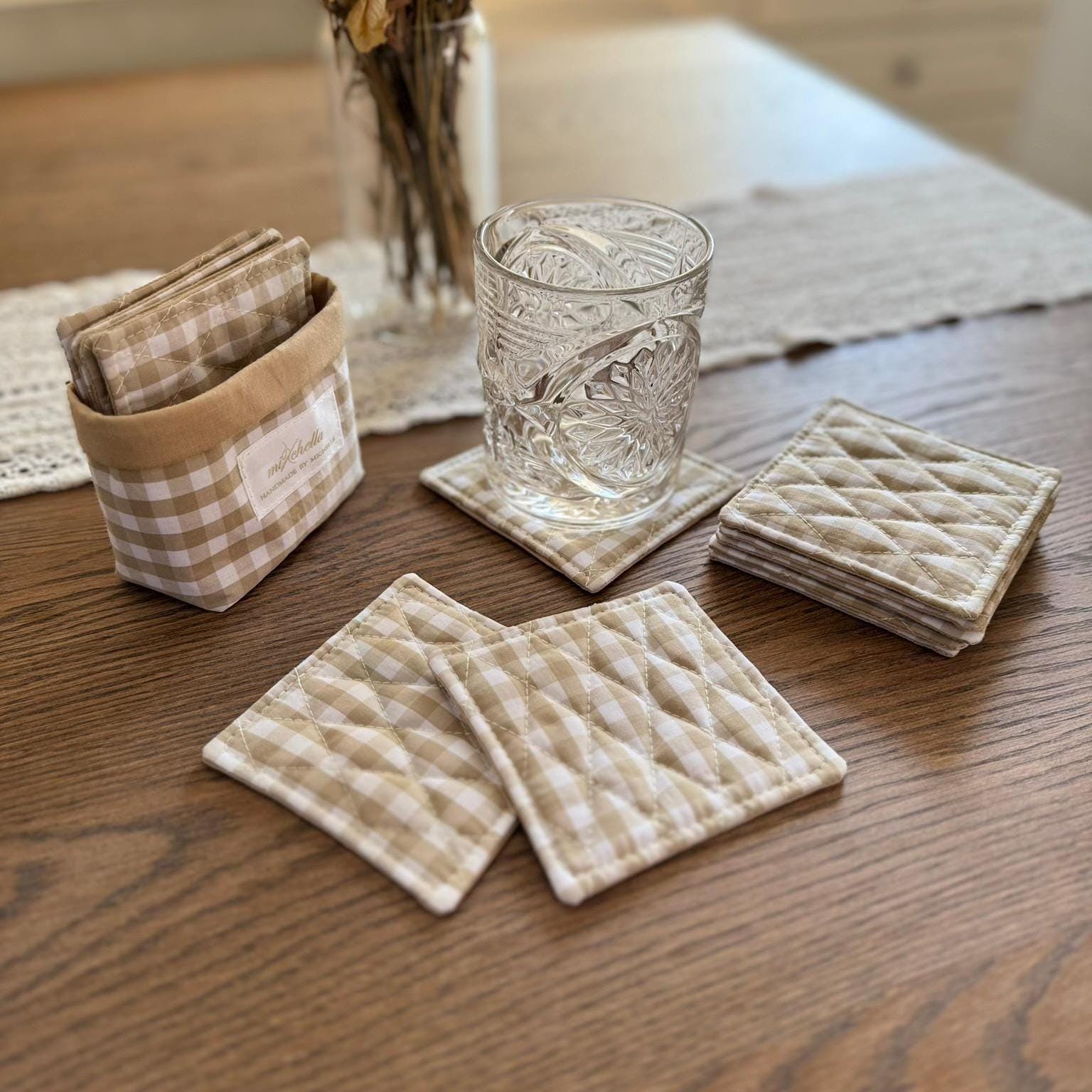Glass coaster set made of quilted cotton including storage basket, handmade fabric coasters, table decoration, gift idea