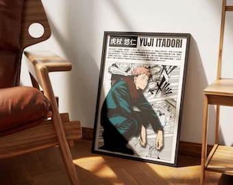 Pôster Jujutsu Kaisen Yuji Itadori, conjunto de 1 peça de arte de mangá, impressão de parede de anime minimalista, pôster de mangá digital