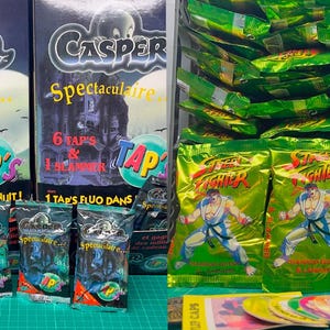 Casper & Street Fighter Pogs Sealed Pack 1995 | Vintage 90s Tazos Flippos | Retro Gaming Collectible | Rare Factory Sealed Gift