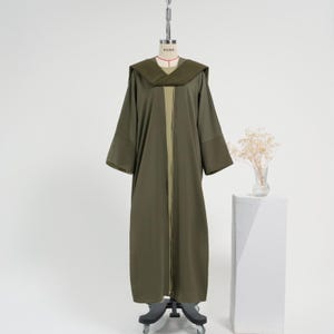 RIYADH ALIA 3 Pc. dual tone set.  Full sleeve open Abaya over a tank dress   w/contrast piping and Hijab. For Eid and special occasions.