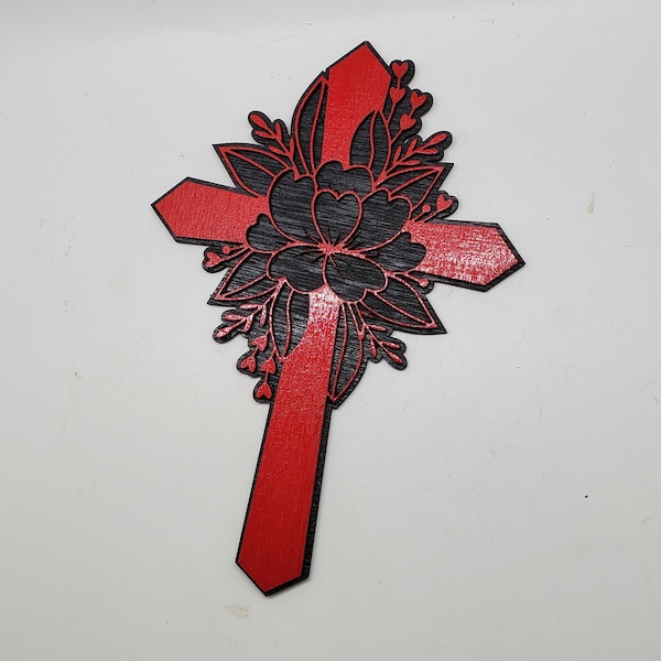 Our lovely Red Floral Cross! Red over Black Cross. Brightly colored wall cross for holidays or any day! Perfect gift for family or friends.