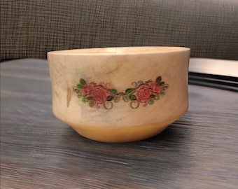 The Rose Bowl-a quaint Box-Elder bowl with roses engraved on one side. A perfect gift for anyone who likes wooden bowls and collectibles.