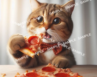 Buy a high-resolution DIGITAL image of a delightful scene of a bright-eyed cat eating a slice of pizza, charming as can be, get 2 images.