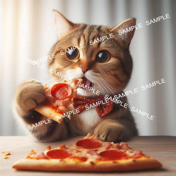 Buy a high-resolution DIGITAL image of a delightful scene of a bright-eyed cat eating a slice of pizza, charming as can be, get 2 images.
