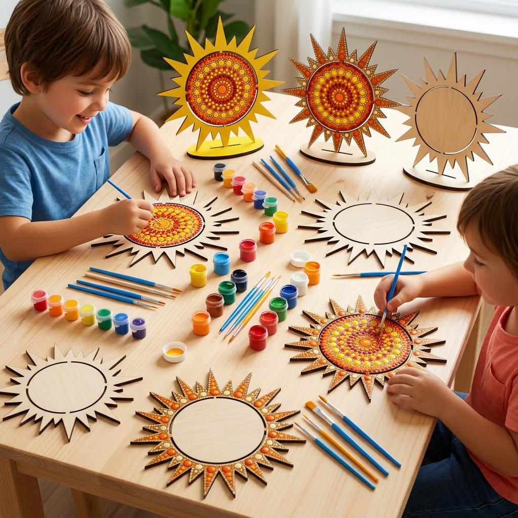 37 Bright & Fun Sun Crafts for Kids 22 Laser Cut Wood Table Sun Face Craft Kit, Unpainted Celestial Stand,…