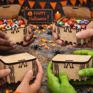 Small wooden craft boxes held in young hands, showing their lightweight size and easy grip. These laser‑cut boxes are perfect for kids to paint, decorate, and personalize for holidays or parties. Their natural wood finish and simple shape make them fun to craft and great to give as handmade gifts.