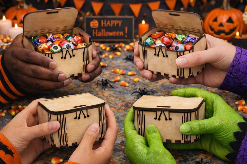 Small wooden craft boxes held in young hands, showing their lightweight size and easy grip. These laser‑cut boxes are perfect for kids to paint, decorate, and personalize for holidays or parties. Their natural wood finish and simple shape make them fun to craft and great to give as handmade gifts.