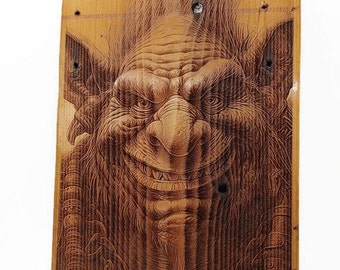 Ogre Face-Large Wooden Wall Plaque Door Sign Engraved Plaque, sold As IS! Sinister smiling troll face engraved with defects in the wood.