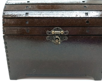 Rustic Wood Treasure Chest with Brass Hardware Compact Storage Box for 3x5 Cards, Jewelry, or Pirate Party Favor Vintage Gift Idea