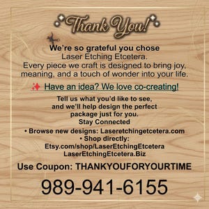 A thank‑you graphic from Laser Etching Etcetera on a light wood‑grain background, expressing gratitude to customers and inviting co‑creation for custom designs. Includes LaserEtchingEtcetera.com, the Etsy shop link, phone number 989‑941‑6155, and coupon code THANKYOUFORYOURTIME. Search terms: golf ball laser template, eufymake golf, eufy golf ball jig svg, golf ball box svg, laser cutting UV print svg.