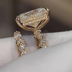 14K Gold 4CT Radiant Lab Grown Diamond Hidden Halo Bridal Ring Set