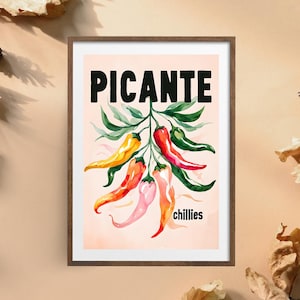 Impression d'art piment épicé, art mural cuisine, illustration de piment, affiche Picante, décoration de ferme rustique, impression nourriture vibrante