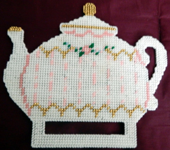 Items similar to Plastic Canvas Teapot Towel Holder with sample cut out