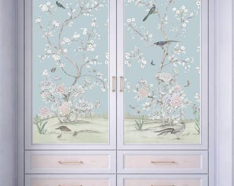 Hand-Painted Chinoiserie Wallpaper Panels – Blue Bird Nursery Wall Mural, Kids Room Decor