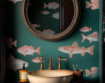 Hand Painted Fish Wallpaper | Coastal Wall Mural | Luxury Bathroom Wallpaper | Custom Nautical Decor