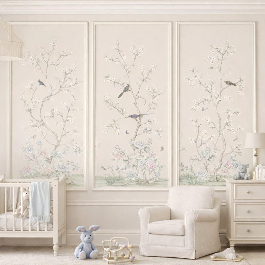 Chinoiserie Wallpaper for Nursery – Hand Painted Floral Wall Mural ...