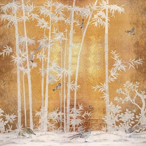 May include: A golden-hued artwork depicts a bamboo forest with white, detailed foliage. Birds are scattered throughout the scene, with some perched on the bamboo stalks and others in flight. The background has a textured, metallic appearance, creating a serene, nature-inspired theme.