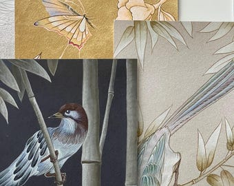 Chinoiserie Tapetenmuster-Set – Botanisches Blumenmuster mit Vögeln und Schmetterlingen