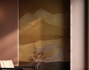 May include: A modern interior scene featuring a large, abstract landscape painting in shades of gold, brown, and white. A leather armchair, a round wooden table with a tea set, and a vase with dried branches complete the elegant setting.