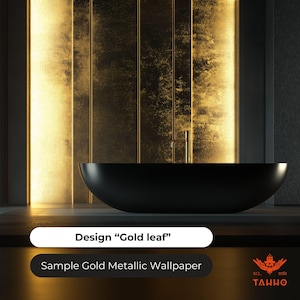 May include: A black bathtub sits in front of a wall covered in gold metallic wallpaper. The wallpaper has a textured, leaf-like pattern. The text "Design "Gold leaf" Sample Gold Metallic Wallpaper" is visible at the bottom of the image.