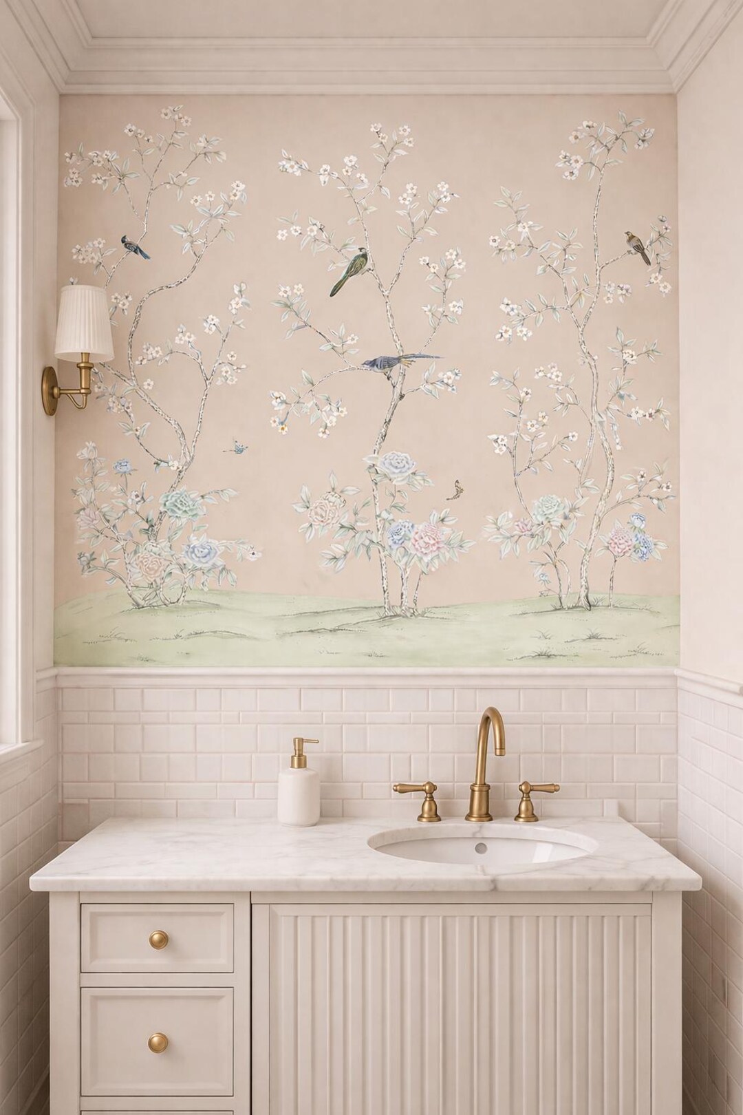 Pink Chinoiserie Wallpaper Mural – Hand-painted Floral Bird Design ...