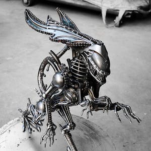 Recycled Metal Standing Queen Monster (Medium item) --- Steampunk Cyberpunk Dieselpunk Biomechanic Xenomorph