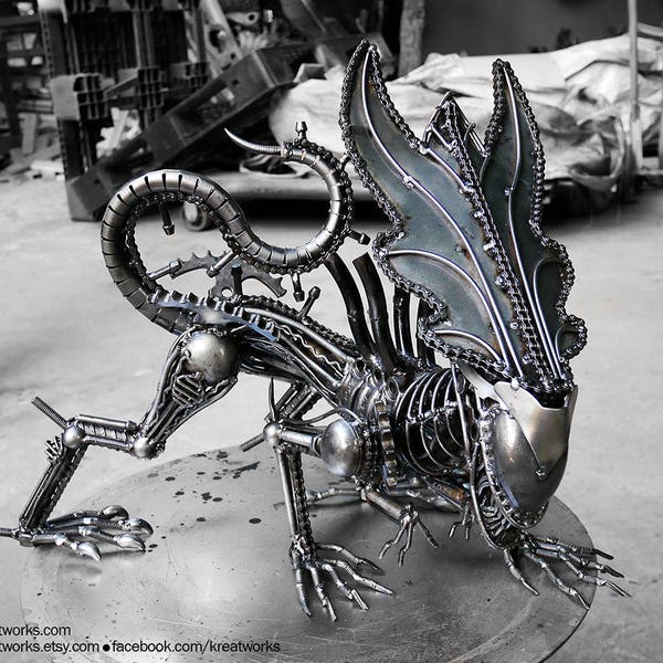 Recycled Metal Crouching Queen Monster (Medium item) --- Steampunk Cyberpunk Dieselpunk Biomechanic Xenomorph