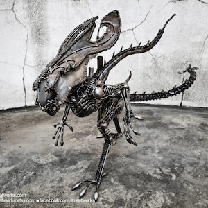 Recycled Metal Standing King Monster (Medium item) --- Steampunk Cyberpunk Dieselpunk Biomechanic Xenomorph