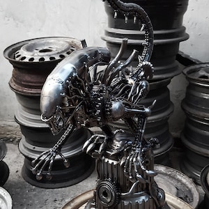 Recycled Metal Crouching Monster on pillar / Recycle Metal Sustainable Sculpture Art
