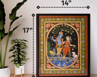 Lord Krishna & Radha walking, Handmade Pattachitra Painting (With frame)