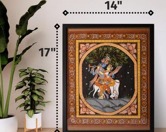 Lord Krishna & Radha with cow, Handmade Pattachitra Painting (With frame)