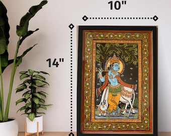 Lord Krishna playing flute with cow | Traditional Handmade Pattachitra Painting (With frame)