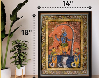 Lord Krishna dancing on Kalia, Handmade Pattachitra Painting (With frame)