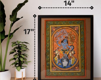 Lord Krishna with Kalia, Handmade Pattachitra Painting (With frame)