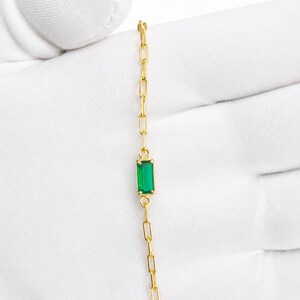 Emerald Baguette Bracelet, 14K Gold Plated Paperclip Chain, Dainty Gemstone, Minimalist Silver