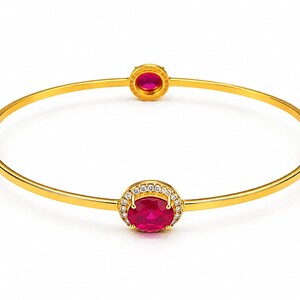 Bracciale rigido in argento sterling 925 con rubino, bracciale placcato oro con rubino, gioiello con pietra portafortuna di luglio, bracciale aperto, regalo per lei