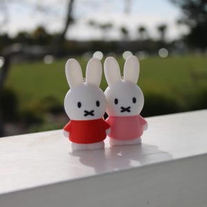 Pode incluir: Duas estatuetas de coelho branco com olhos e bocas pretas. O coelho &agrave; esquerda est&aacute; vestindo uma camisa vermelha e o coelho &agrave; direita est&aacute; vestindo uma camisa rosa.