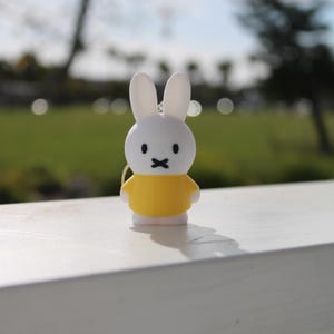 Pode incluir: Uma figura de coelho branco vestindo uma camisa amarela. A figura est&aacute; sentada em uma superf&iacute;cie de madeira branca.