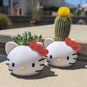 May include: Two white ceramic Hello Kitty planters, one with a green succulent and the other with a small cactus. Both planters have red bows and black facial features.