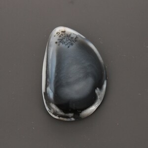 May include: A polished, teardrop-shaped gemstone with a black and white pattern. The stone has a smooth, glossy surface with a dark, swirling design and a small, tree-like pattern at the top. The stone is set against a gray background.