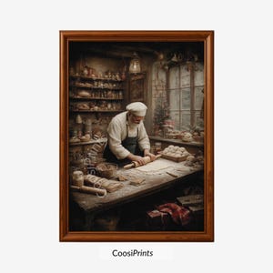 Könnte beinhalten: Ein gerahmter Kunstdruck mit dem Titel CoosiPrints, der einen Bäcker mit weißer Mütze und Schürze zeigt, der Teig auf einem Holztisch ausrollt. Die Szene umfasst Regale voller Gläser, ein Fenster und Backutensilien in einer Küche.