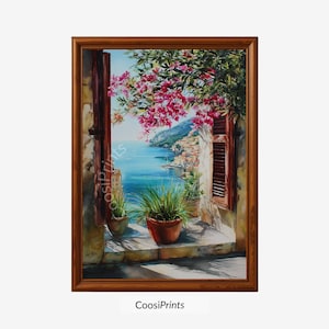 Vista de ventana de la costa mediterránea: paisaje costero italiano con buganvillas rosas, arte mural de verano | Producto digital | CP-060
