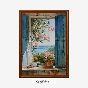 Vista de la costa italiana desde una ventana: flores de adelfa y mar, arte mediterráneo de verano, decoración para casas de playa | Producto digital | CP-001