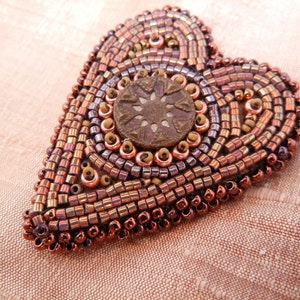 Beaded Heart Brooch / NecklacePurple and Gold Iridescent