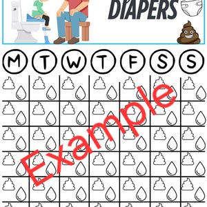 May include: A potty training chart with the words "Bye bye DIAPERS" above a grid. The grid has spaces for each day of the week, with icons of poop and teardrops. Illustrations of a child and adult are also present.