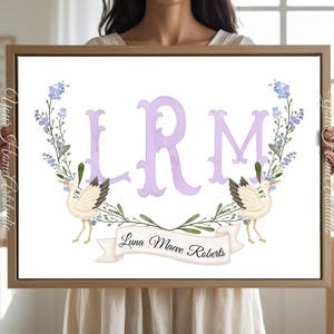 Personalized nursery Wall art custom wall decor Floral Crest Monogram Print for baby room Initials Art for nursery baby Monogram wall decor