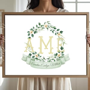 Personalized nursery Wall art Personalized wall decor Floral Crest Monogram Print for baby room Initials Art for nursery Monogram wall decor