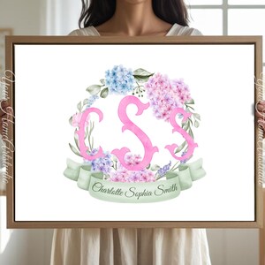 Personalized nursery Wall art custom wall decor Floral Crest Monogram Print for baby room Initials Art for nursery baby Monogram wall decor