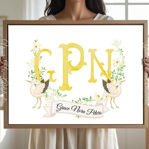 Personalized nursery Wall art custom wall decor Floral Crest Monogram Print for baby room Initials Art for nursery baby Monogram wall decor