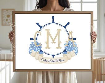 Impressão artística personalizada com monograma do brasão marinho para berçário (download digital)